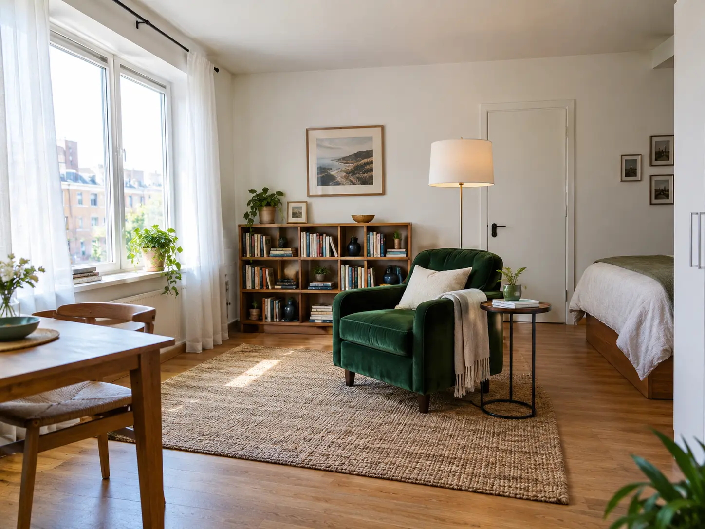 Original : appartement-studio avec un fauteuil en velours vert