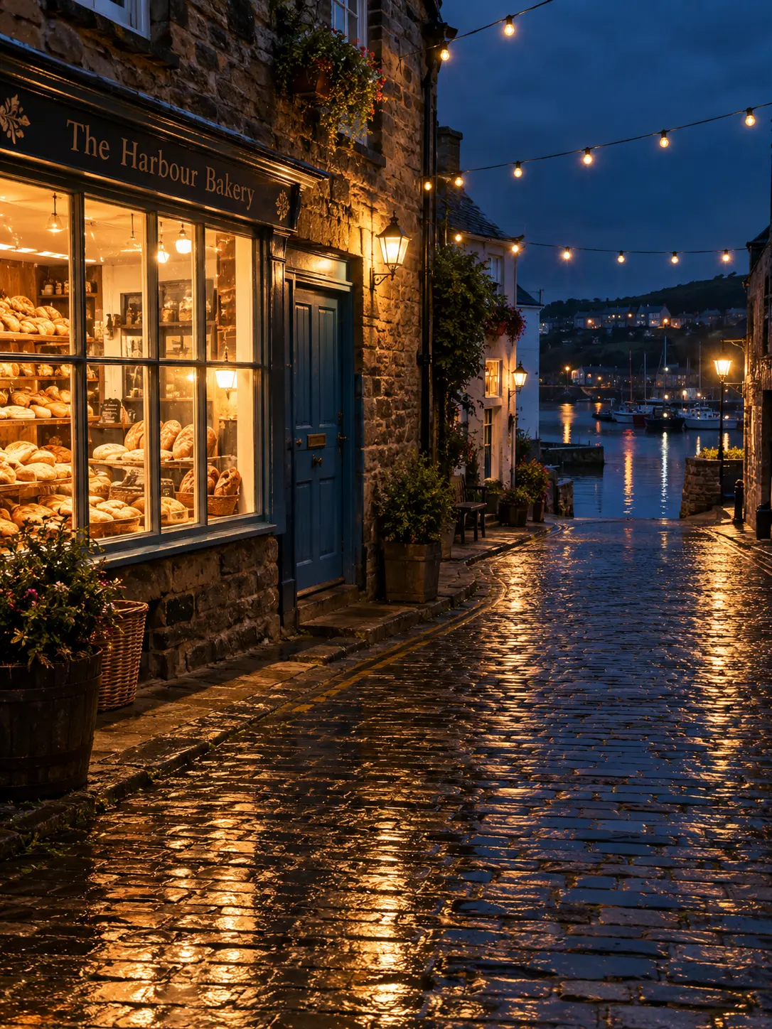 Référence 3 : rue du port sous la pluie avec la vitrine d'une boulangerie
