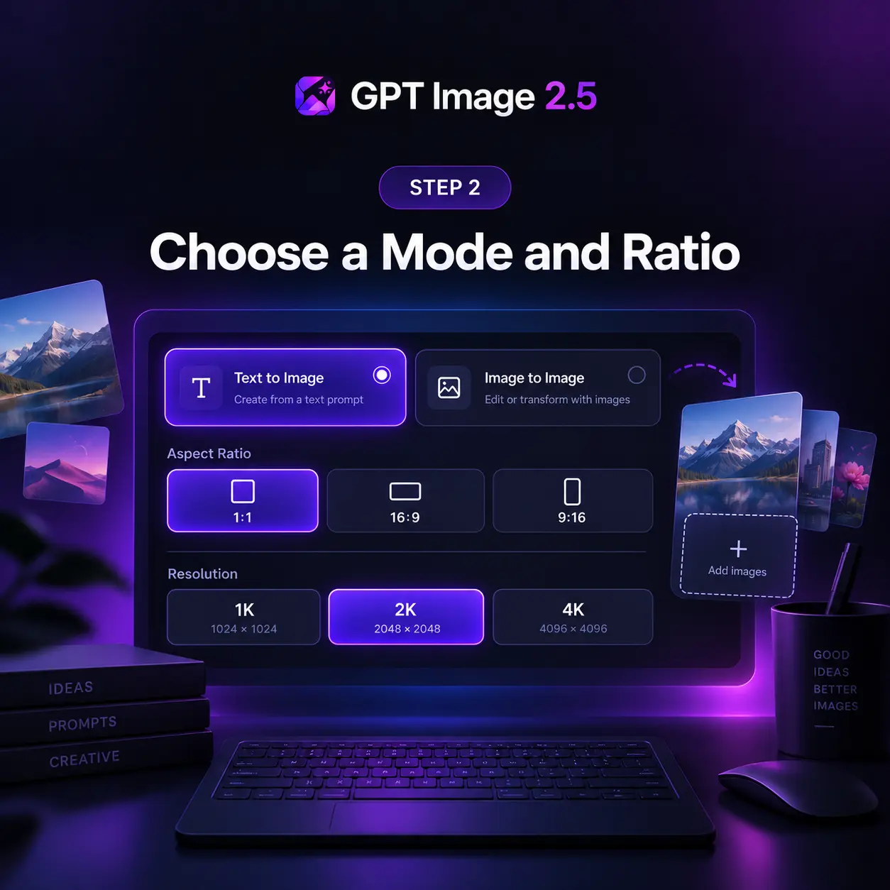 Select generation mode and aspect ratio in GPT Image 2.5